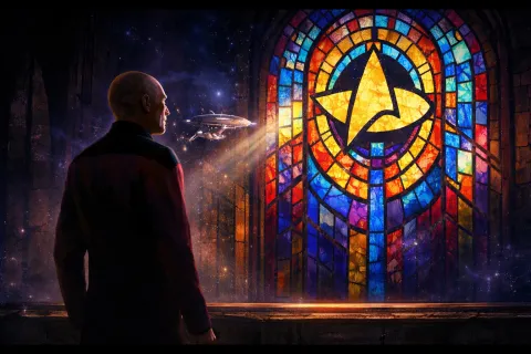 Star explorer looks at stained glass window